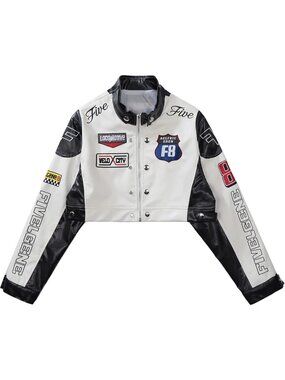 Women's Black Polyester Blend Crop Biker Racing Trendy Fashion Leather Jacket